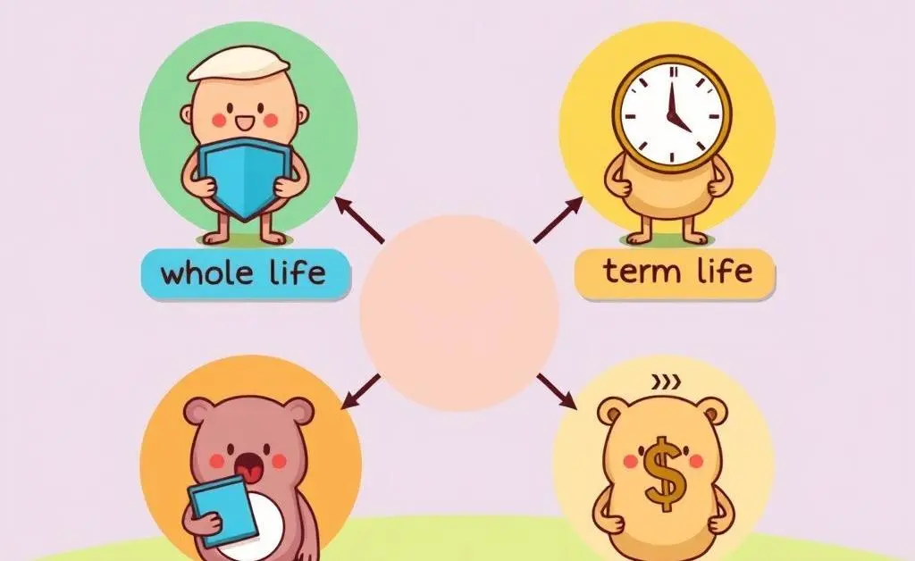 A simple cartoon diagram showing different types of life insurance policies.