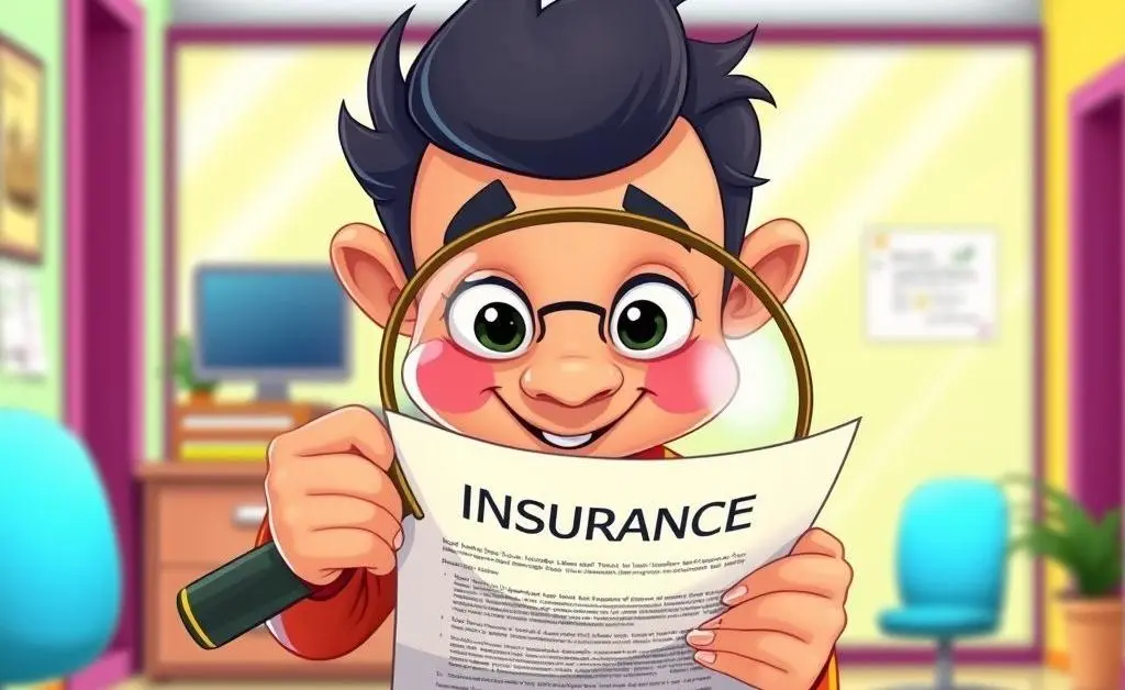 A cartoon character holding a magnifying glass over an insurance policy document.