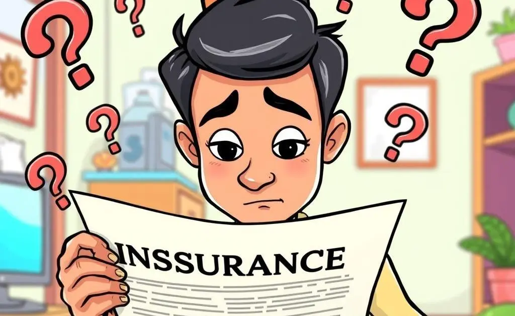A cartoon showing a person reading an insurance policy, with question marks floating above.