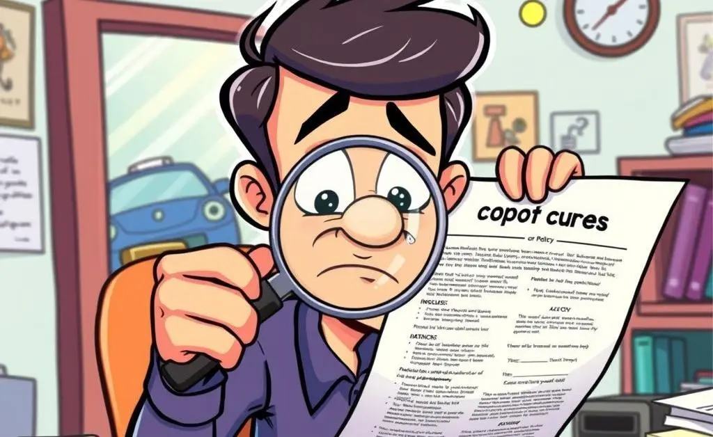 A person magnifying a car insurance policy document with a confused expression.