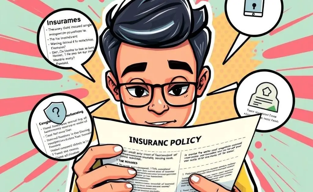 Cartoon of a person highlighting details on an insurance policy document.