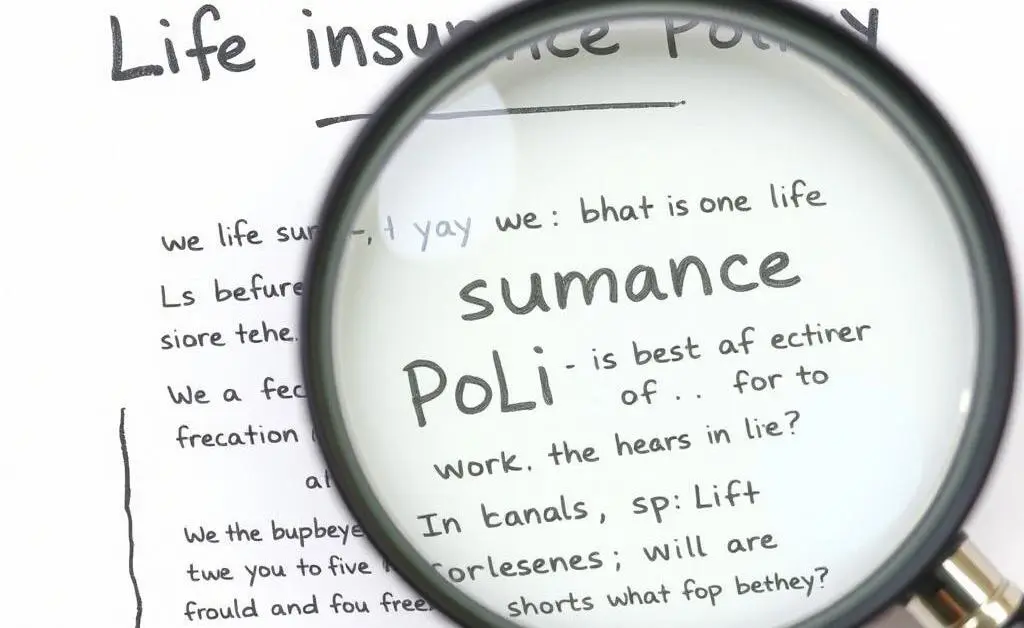 Life insurance policy details with a magnifying glass over the fine print