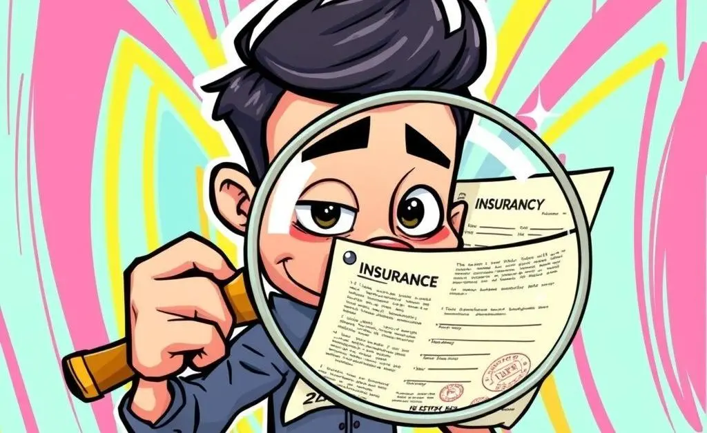 A person with a cartoon-style magnifying glass examining an insurance policy document