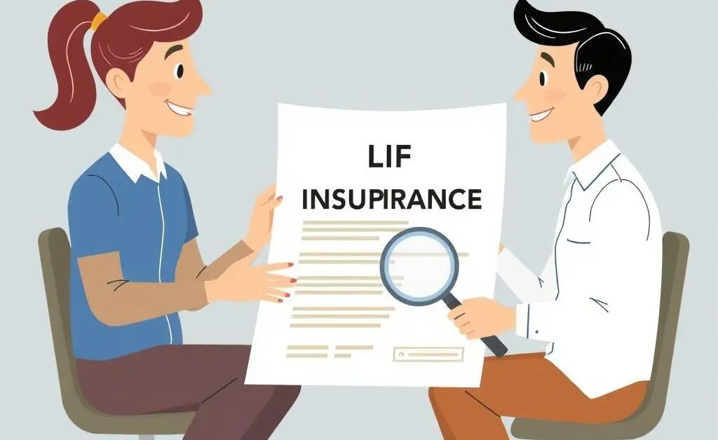 People discussing life insurance policy with a large document and magnifying glass
