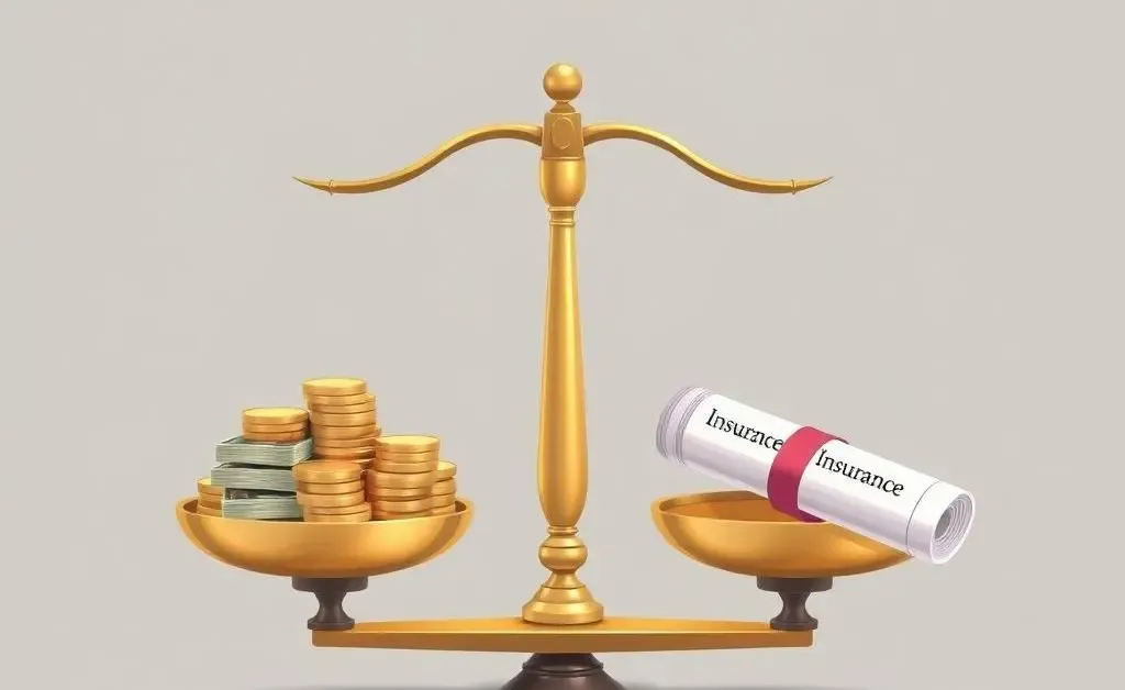 Balance scale with money and insurance policy