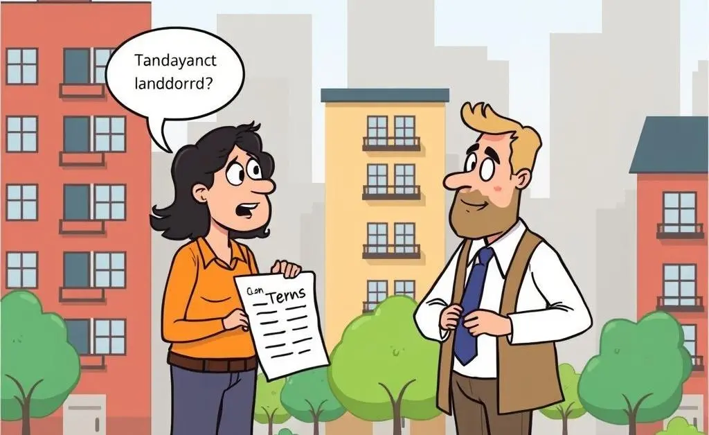 Tenant and landlord discussing rental terms in a city setting