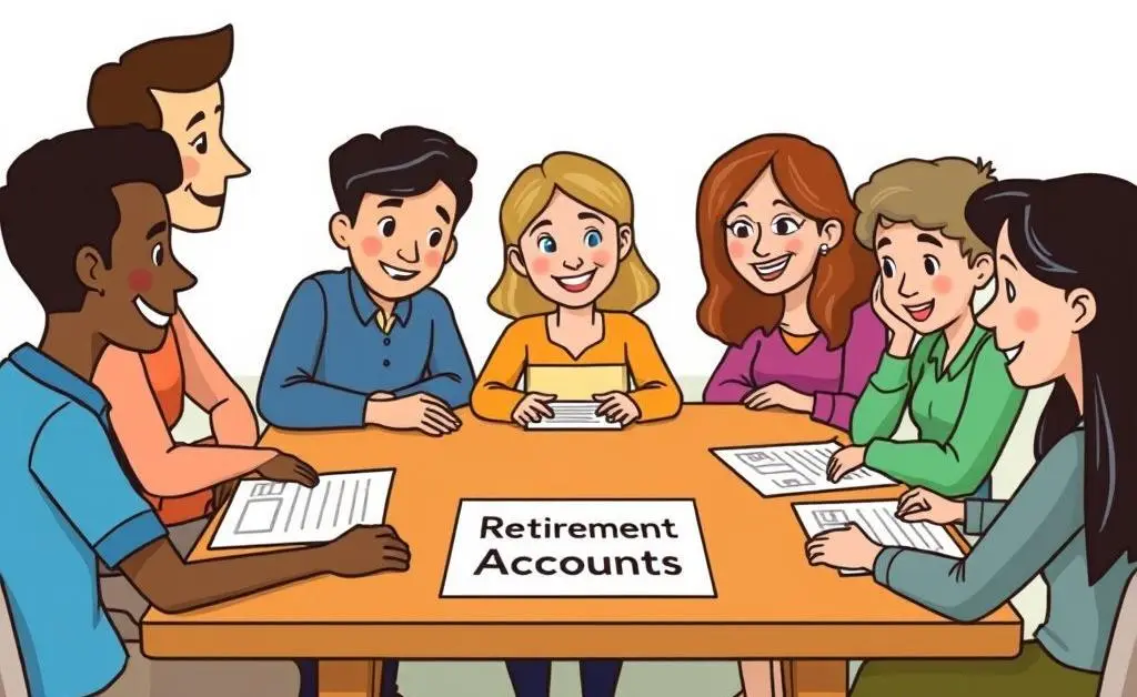 A diverse group of people sitting at a table with retirement accounts paperwork