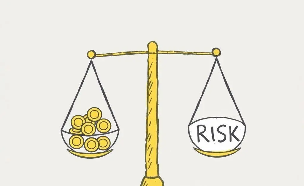 A person weighing scales with coins and a risk sign
