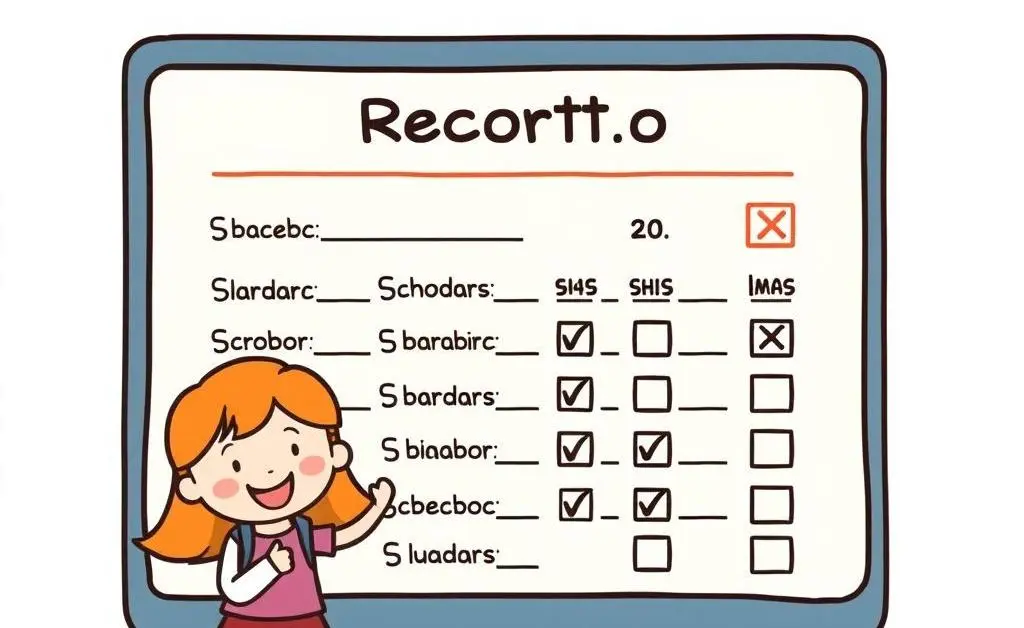 A friendly cartoon-style school report card with various subjects and grades.