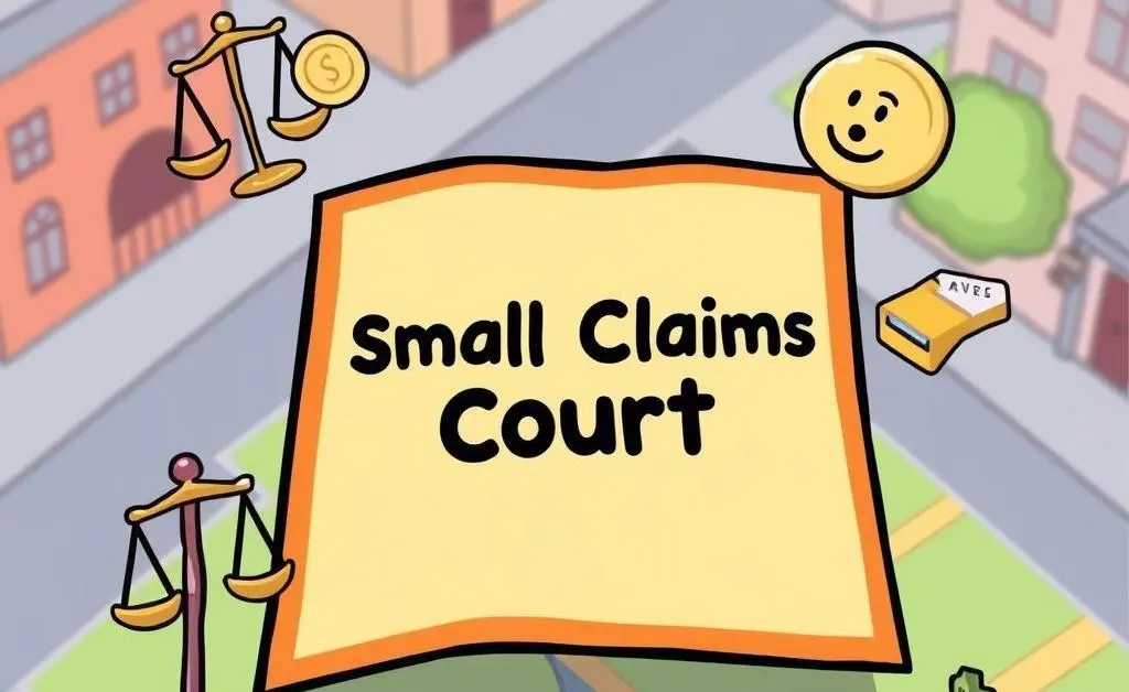 A cartoon map with Small Claims Court marked and surrounded by scales and coins