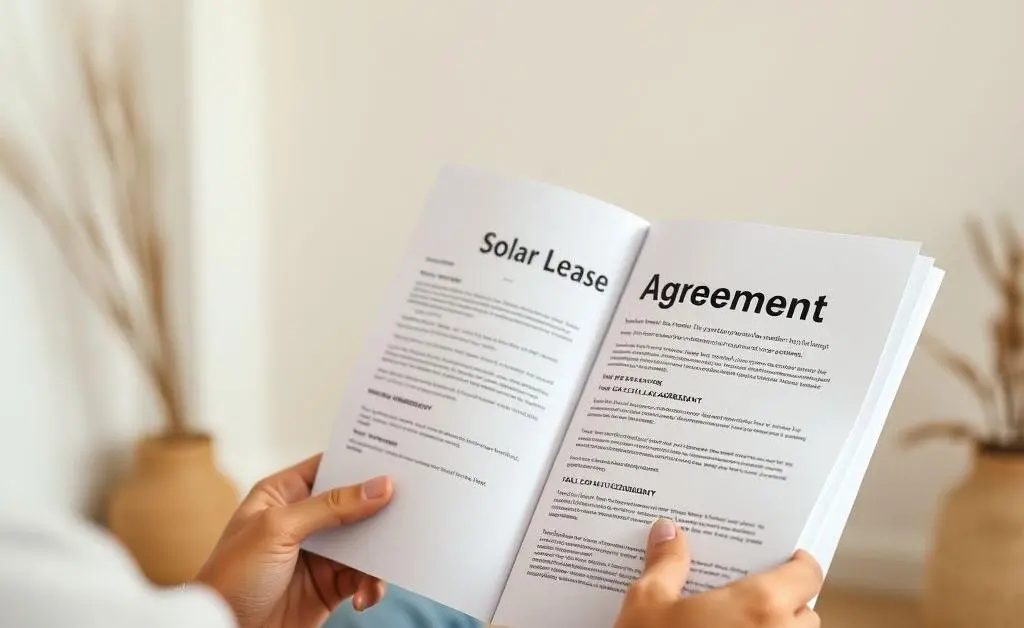 A minimalist image of a person reading a thick document labeled 'Solar Lease Agreement' in a cozy room.
