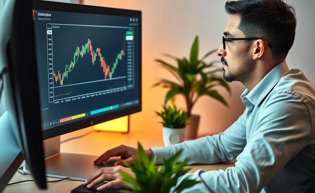 Person analyzing a stock chart on their computer with notes and a plant nearby.