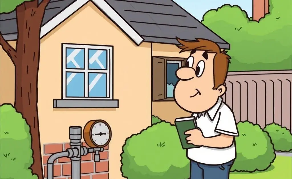 Cartoon showing a homeowner inspecting their water meter.