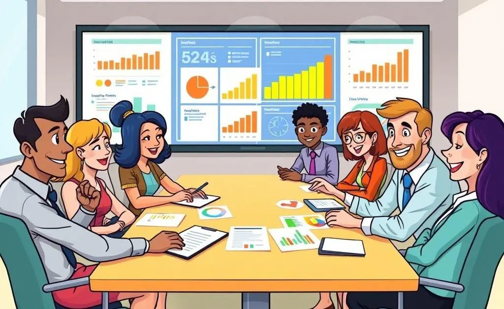 A cartoon-style image of a team discussing underwriting decisions.