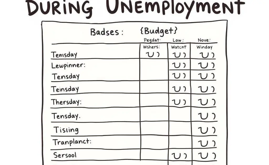 A budget sheet labeled 'Managing Finances During Unemployment' with notes and illustrations