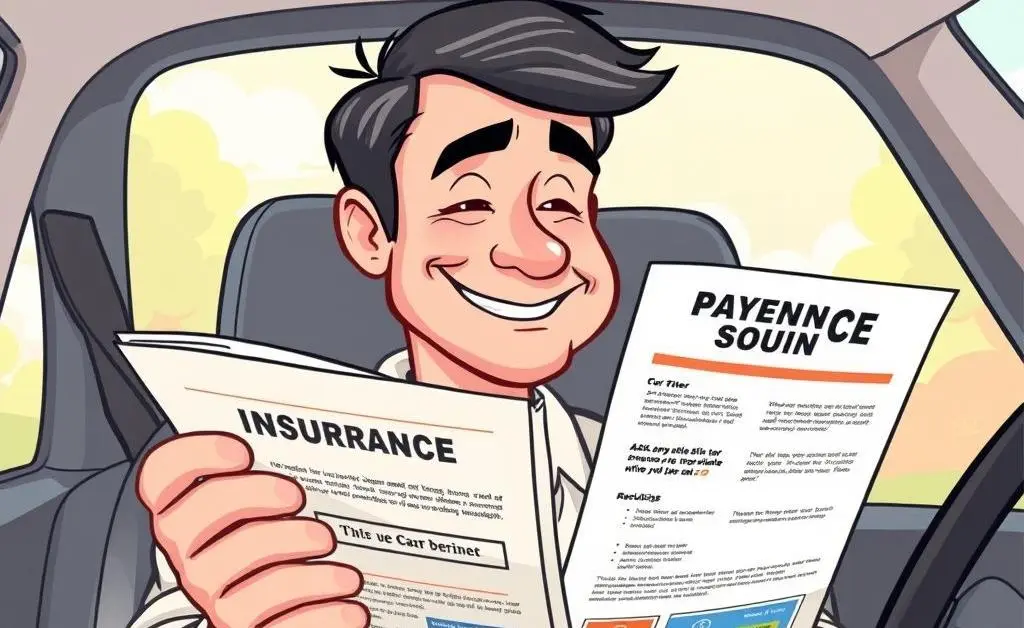 A cartoon showing a relieved driver reading his insurance policy.