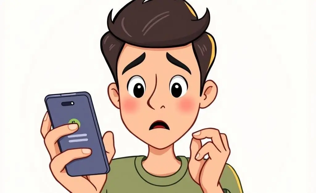 A person surprised by a smartphone displaying a bank balance, cartoon-style.