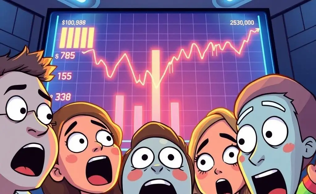 People reacting with surprise while looking at a financial chart with dropping numbers.