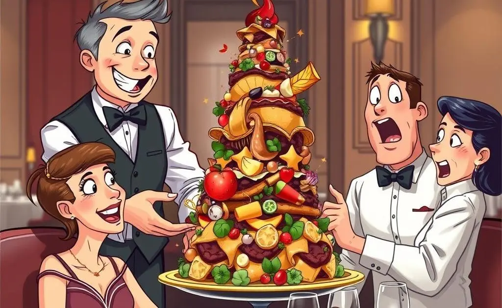 Waiter presenting an extravagant dish to a couple.