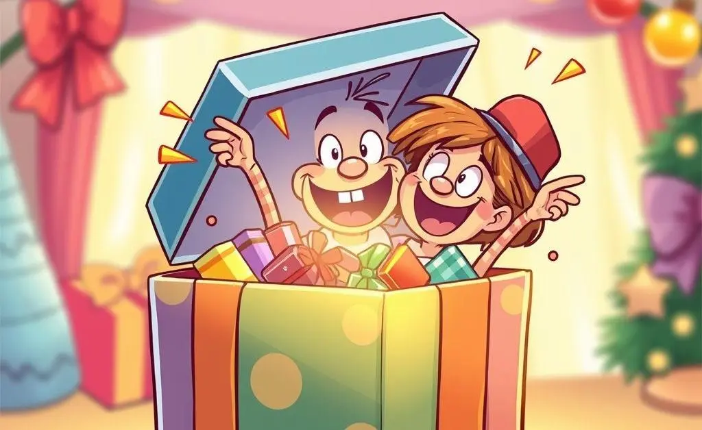 A cartoon of an open gift box with surprising contents bringing joy to a person.