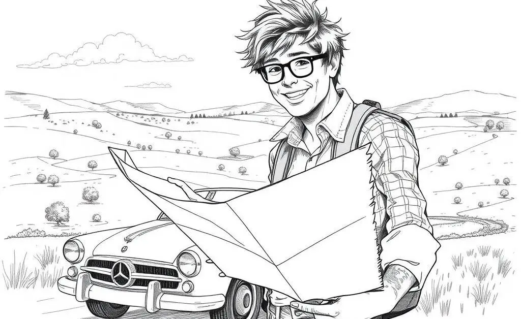 Hand-drawn image of a person on a spontaneous road trip, pointing at a map with a car nearby.