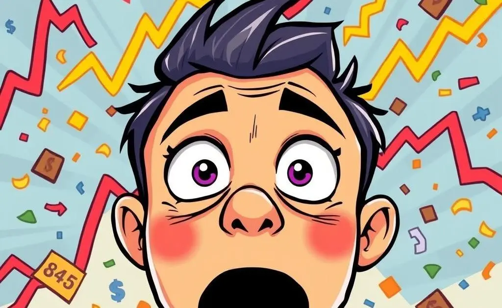 Person surprised by fluctuating stock market charts.