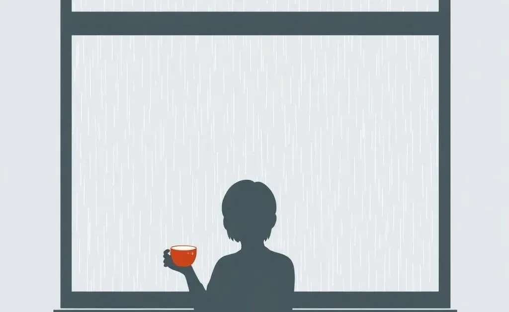 Minimalist image showing a person standing at a window, watching the rain with a cup of tea.