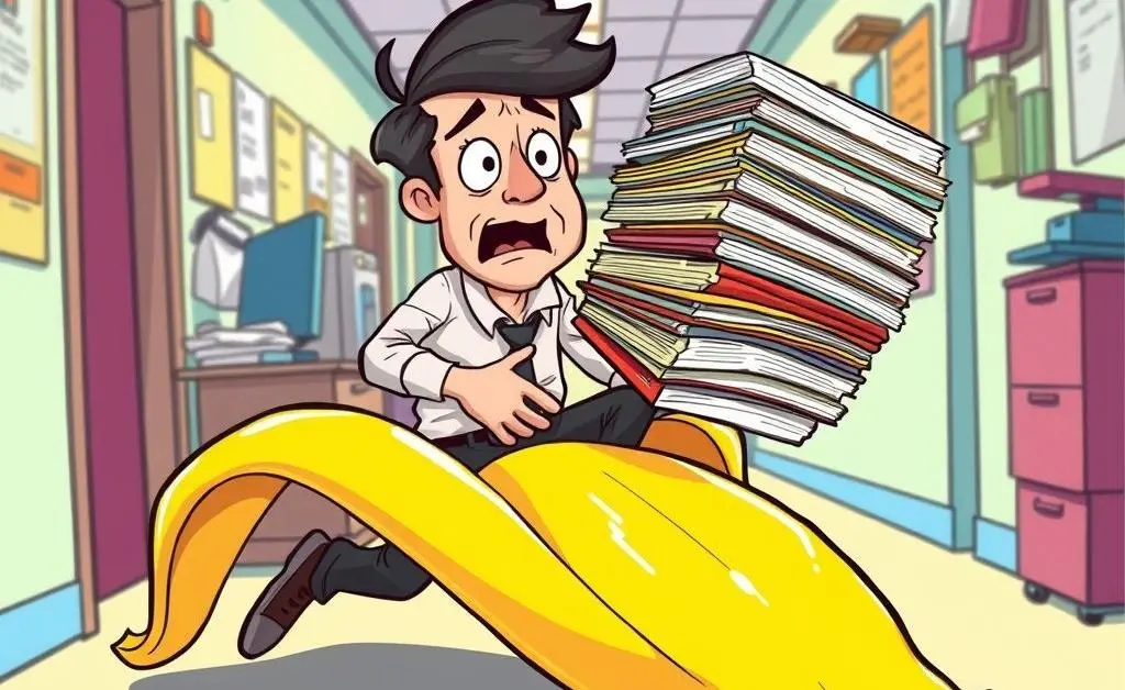 A person slipping on a banana peel while holding resumes