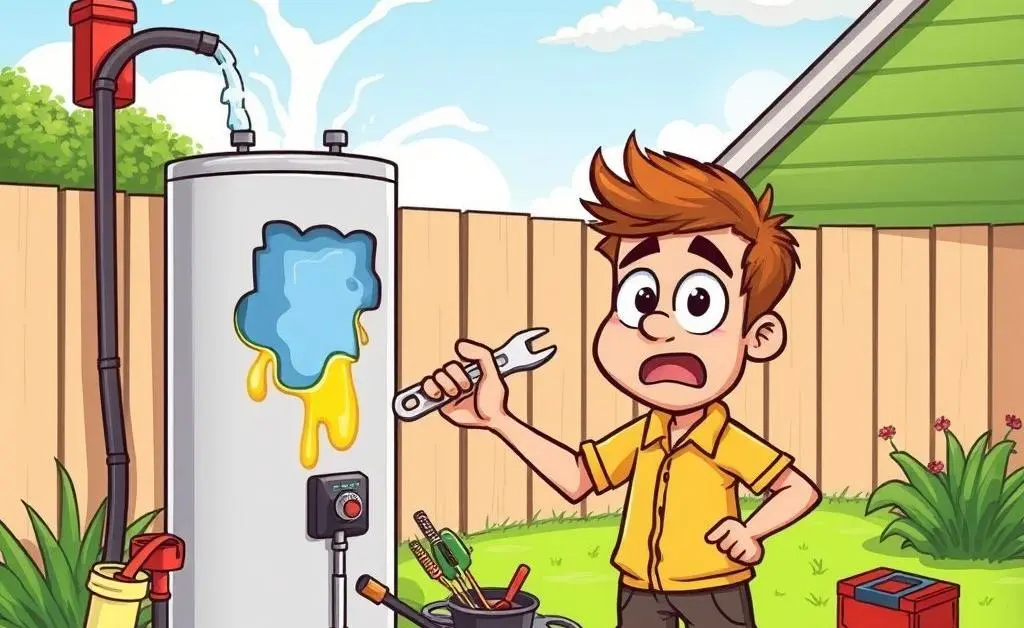 Cartoon of a surprised homeowner in front of a broken water heater with repair tools around.