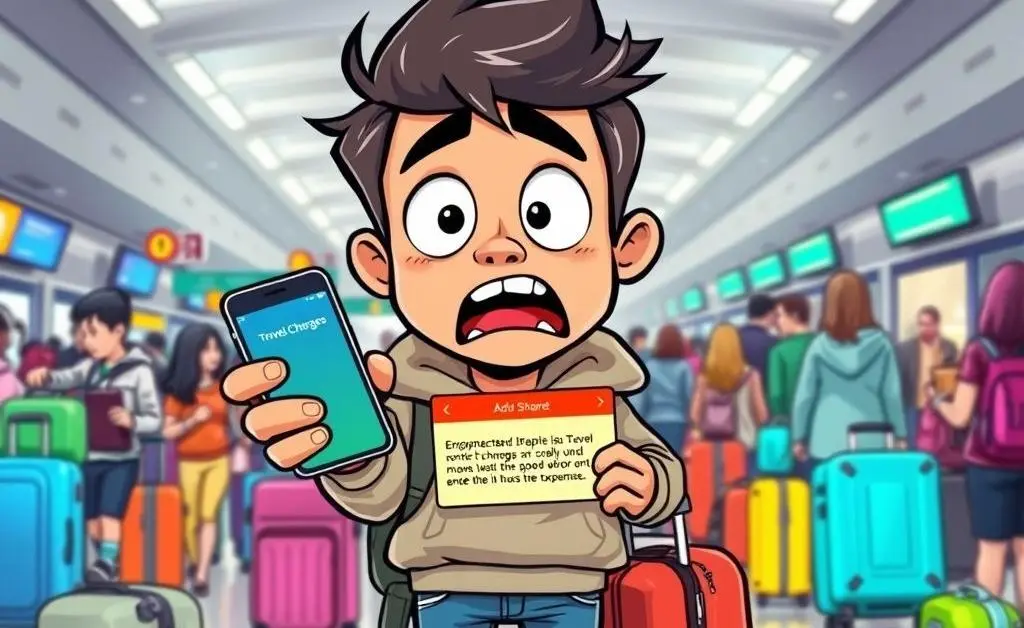 Cartoon of a surprised traveler holding a phone with unexpected travel charges.