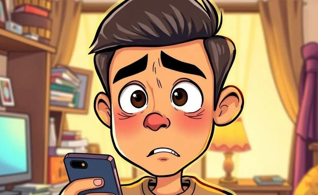 Cartoon showing a person receiving unexpected news with a phone in hand and a concerned expression.