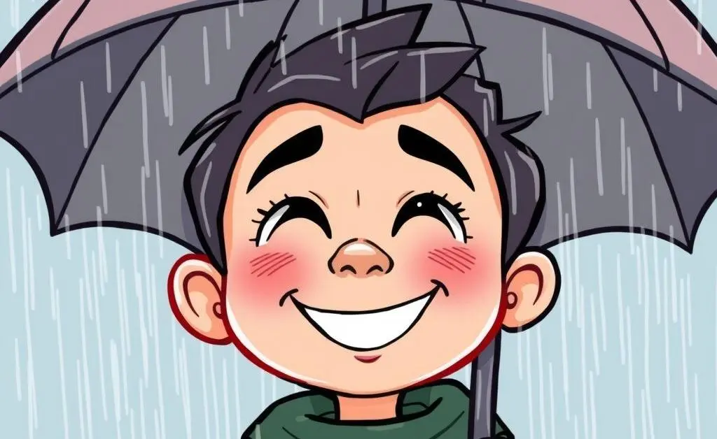 Person caught in sudden rain, smiling under an umbrella