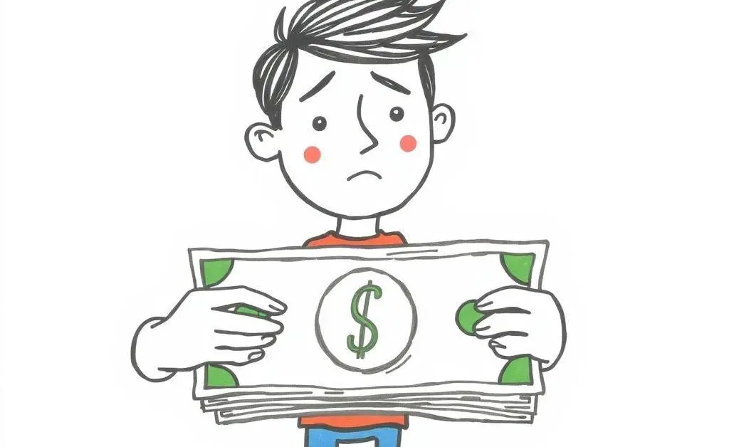 A person receiving a large sum of money with mixed emotions