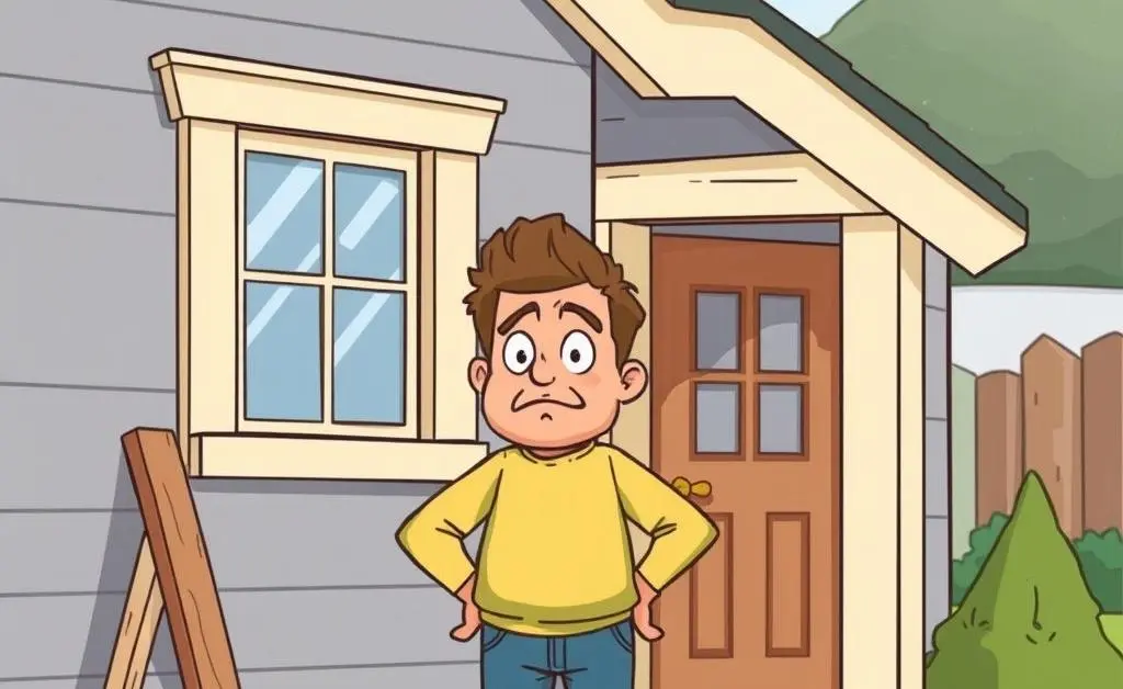 A cartoon image of a perplexed homeowner standing next to unfinished trim work.