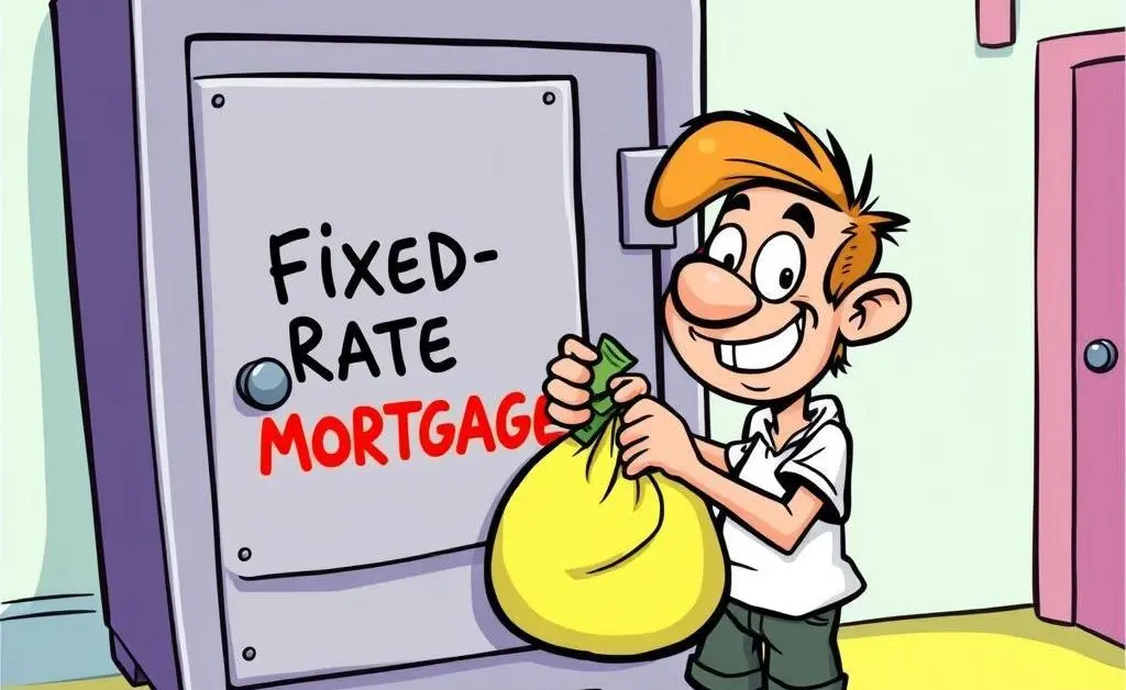 Cartoon-style person unlocking a bag of money from a safe labeled 'Fixed-Rate Mortgage'