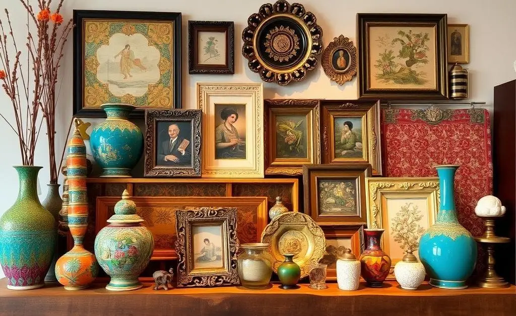 An array of unique and colorful home decor items on a wooden shelf.