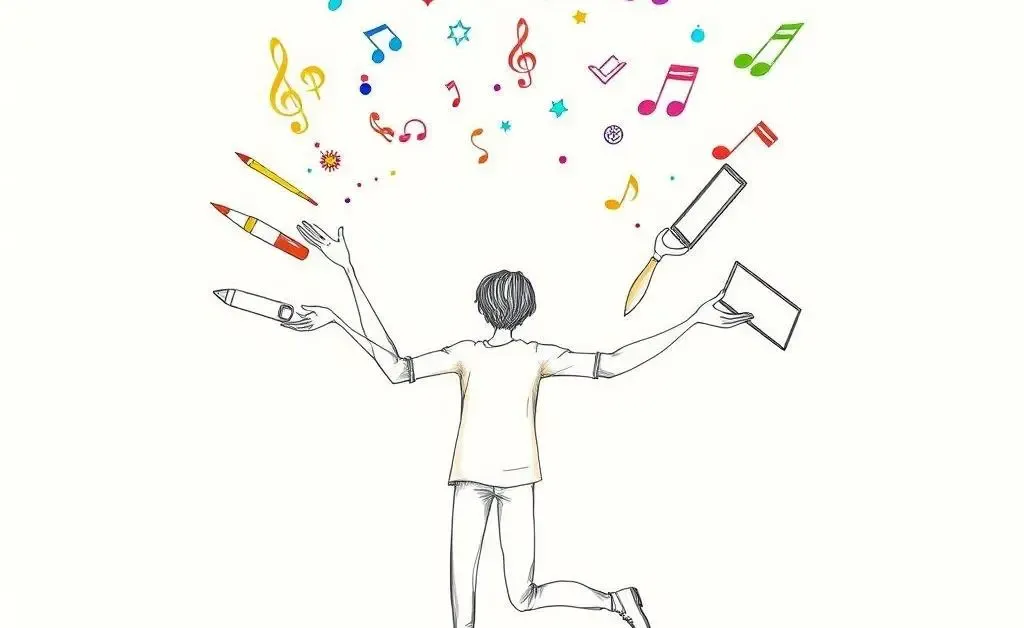 A hand-drawn illustration of a person juggling different creative projects