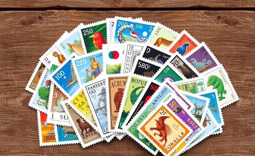 An array of unique stamps spread out on a wooden table.