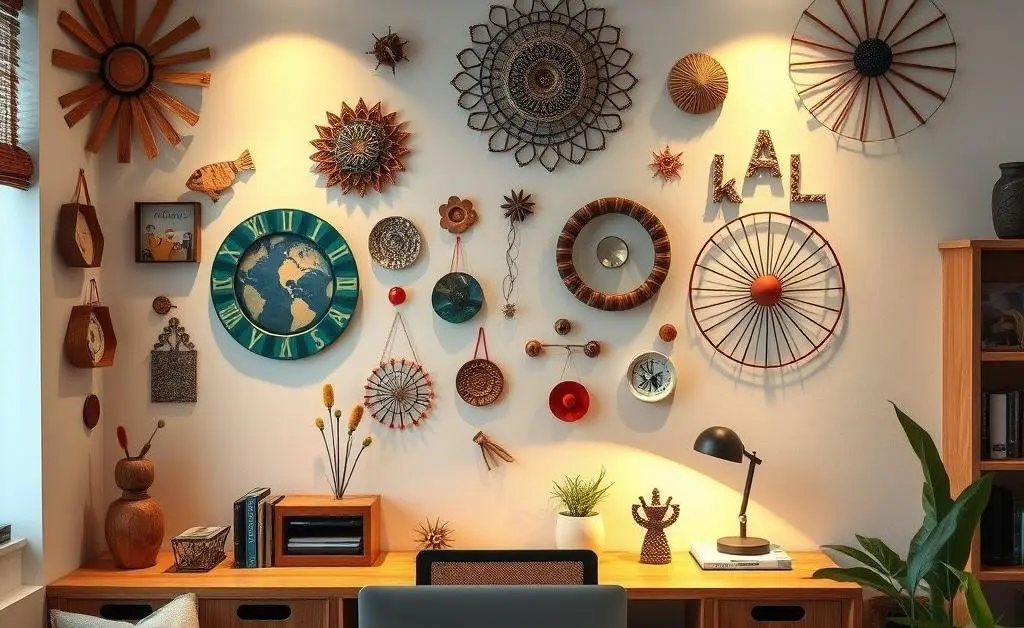 An office space with unique, homemade wall art and upcycled accessories