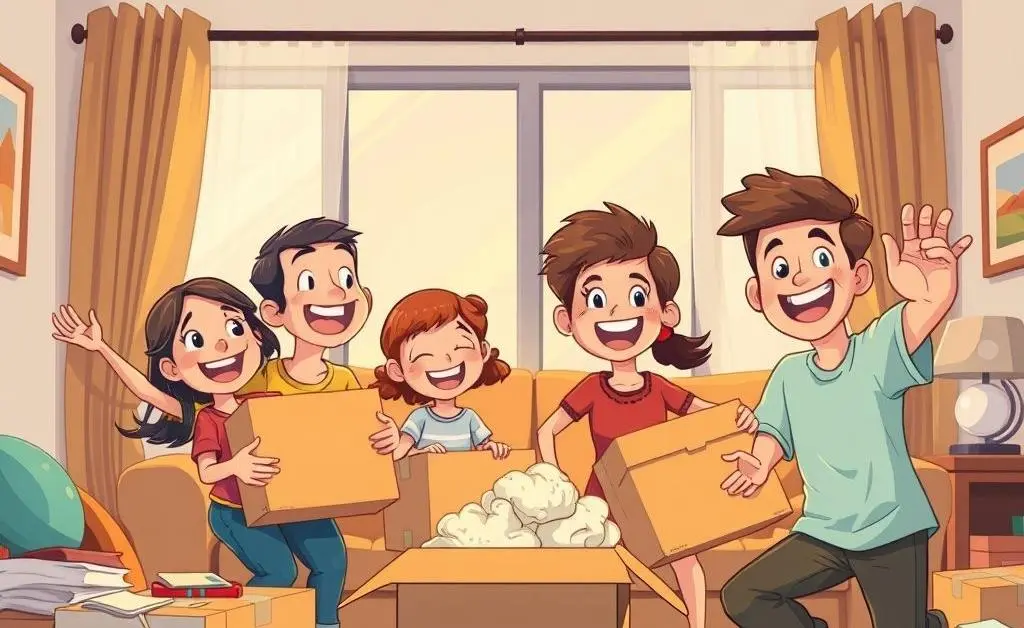 A cartoon-style family excitedly unpacking boxes in their living room