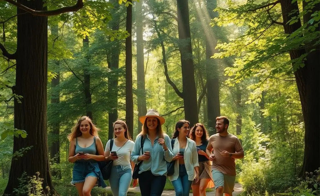 A group of people enjoying a walk in the woods with no phones or electronic devices.