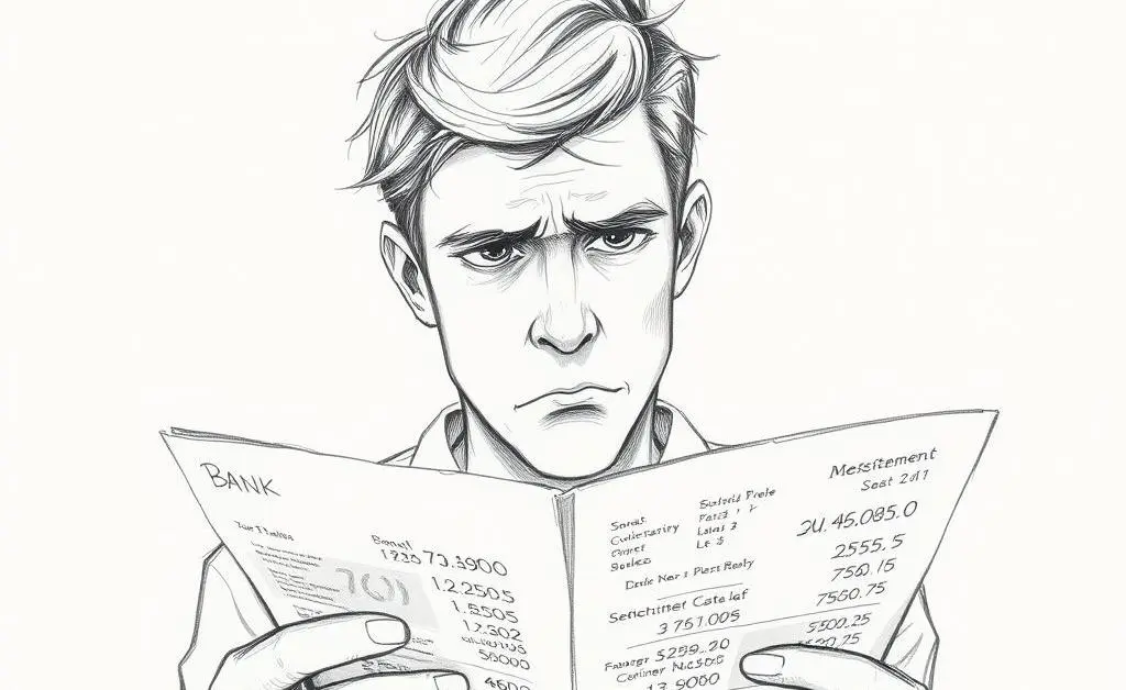 A person looking puzzled while reading a banking statement.