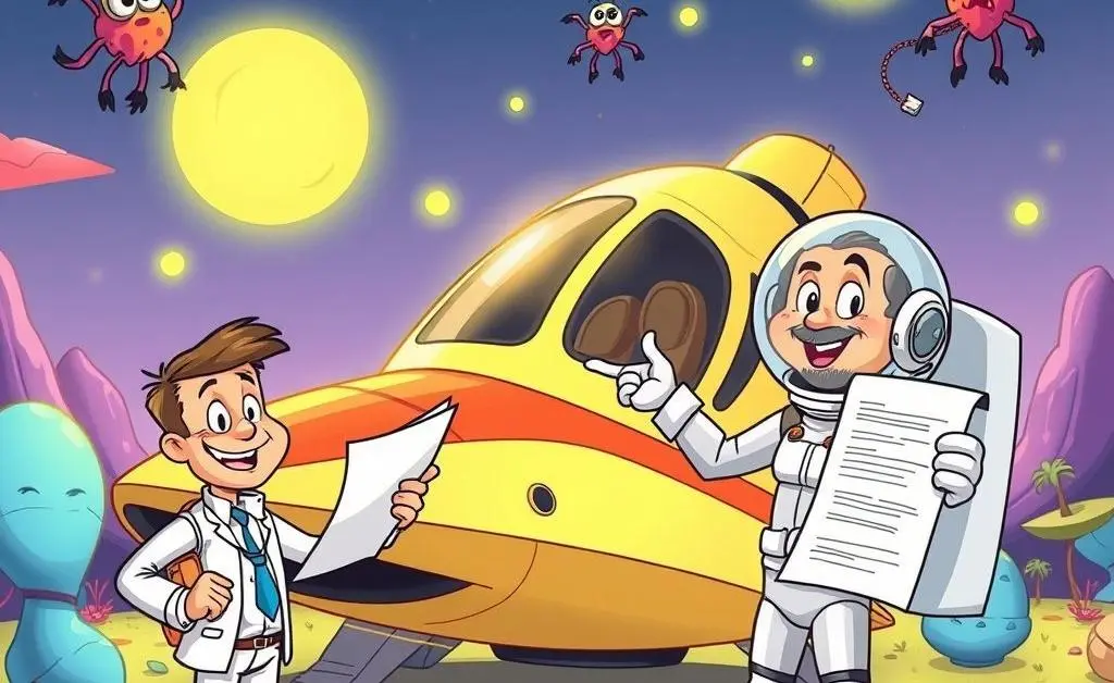 A humorous insurance scenario with a spaceship