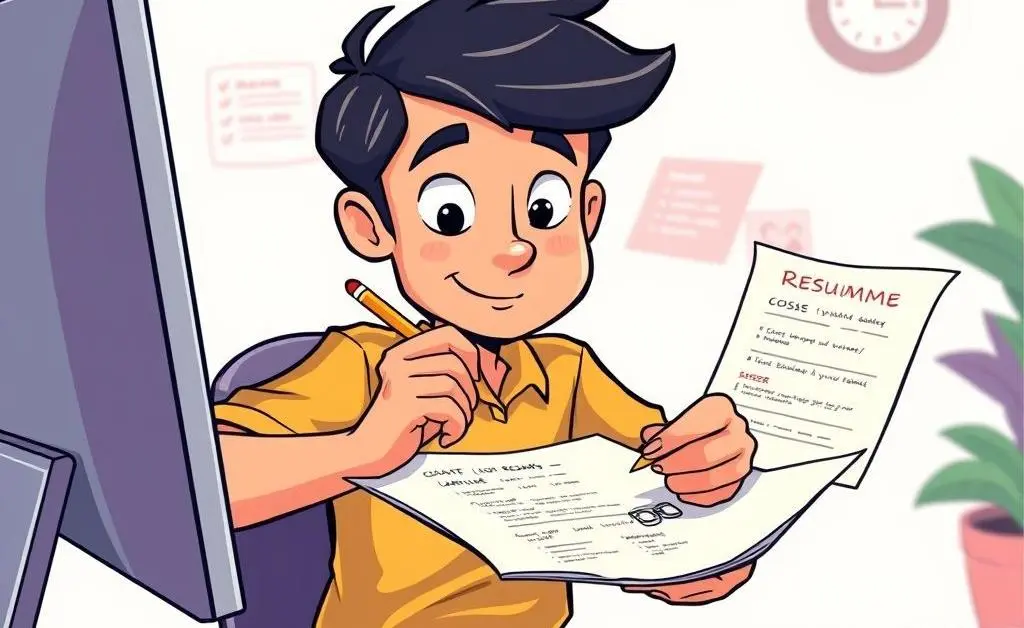 A person sketching on a resume with a computer and pencil, cartoon-style.