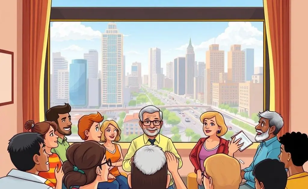 People attending a community class on financial protection with an urban landscape outside the window.