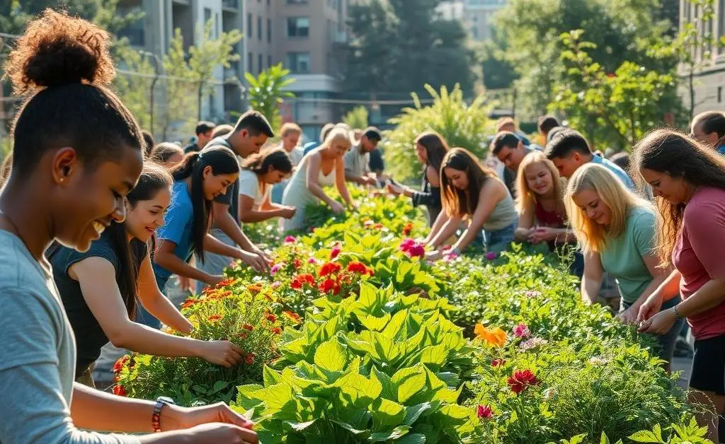 Community garden with diverse people working together