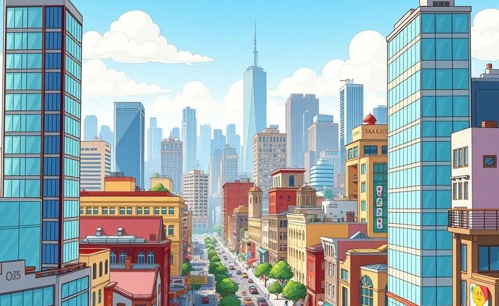 Cartoon representation of an urban landscape with tall skyscrapers, depicting dense city living.