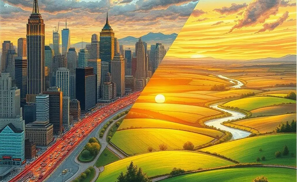Hand-drawn image contrasting bustling city life with tranquil countryside