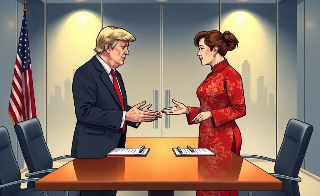 Illustration of two figures engaged in dialogue, representing US and China talks.