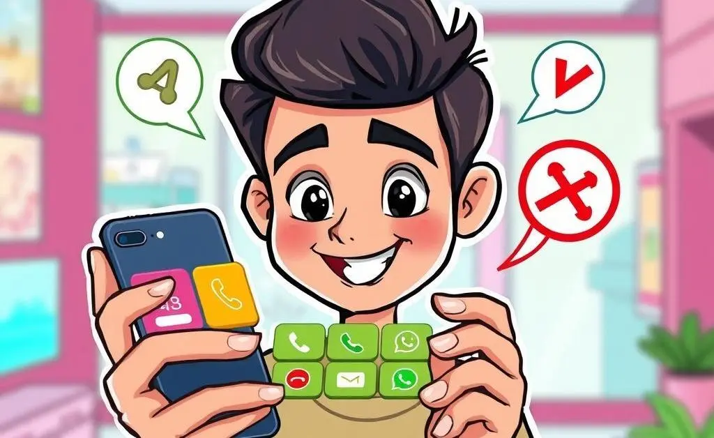 A cartoon-style depiction of a person holding a phone with lookup tools displayed, indicating verification of a phone call.